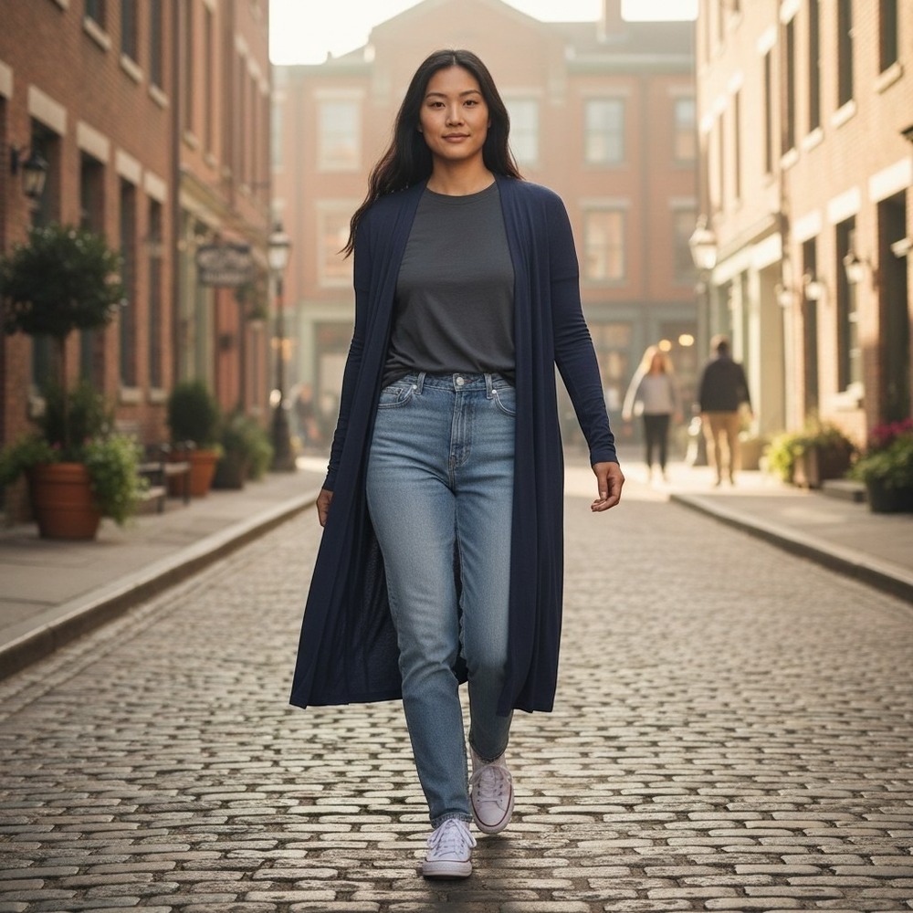 Womens Large Cardigan Duster Navy Blue Open Front Knit Longline J Jill Wearever